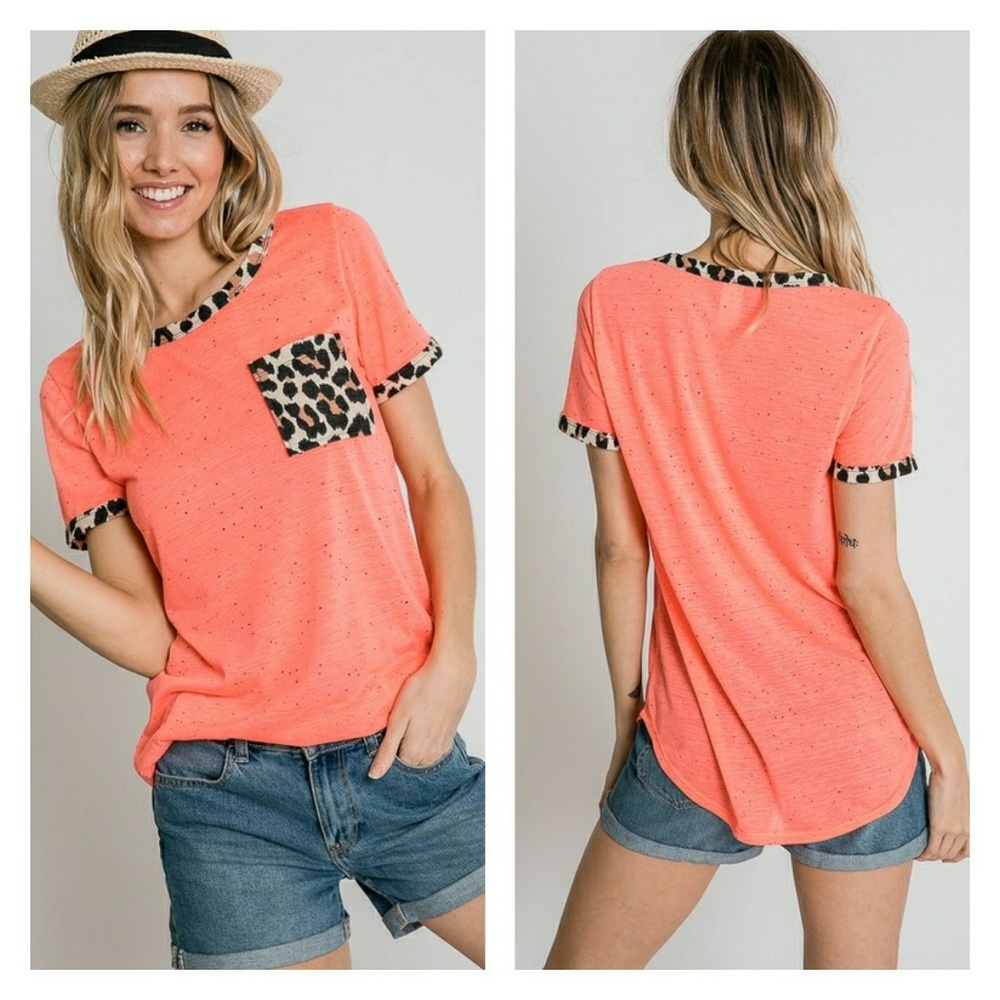 Coral Top w/Animal print Trim